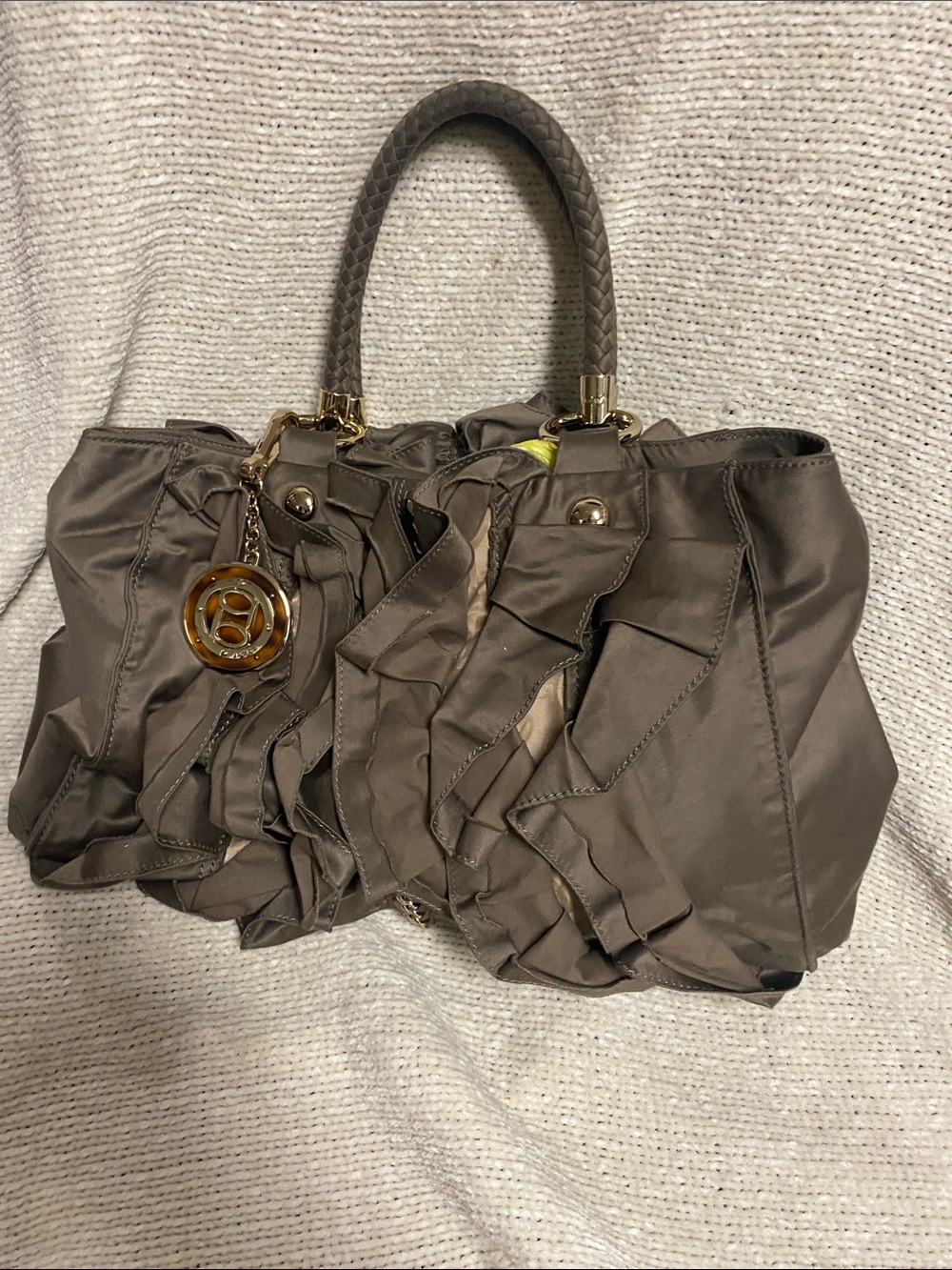 Bebe Dark Green Ruffled Tote Handbag with Gold Accent